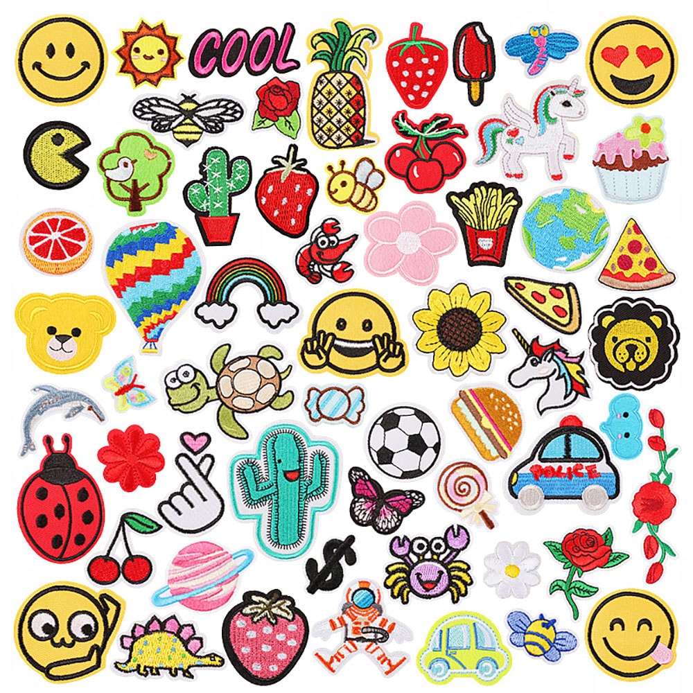 Broderede stofbadges i blandede motiver - 60 stk