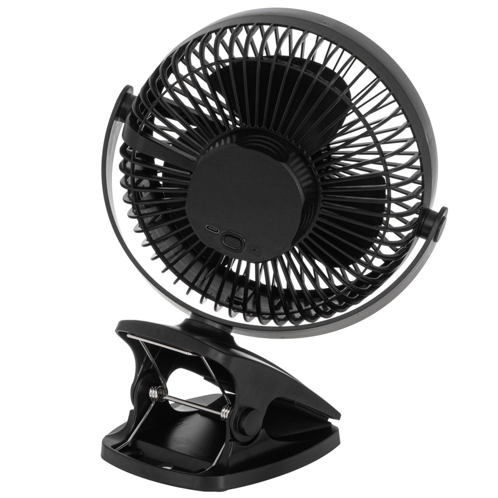 Genopladelig bordventilator med klemme / lydsvag 360° USB-ventilator / campingventilator / drejelig ventilator