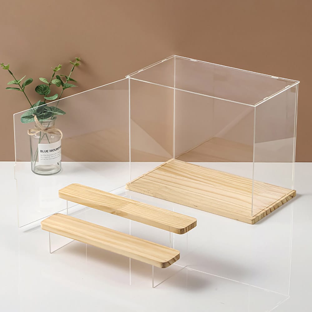 Klar plastboks med trædetaljer 32 × 25,2 × 18 cm