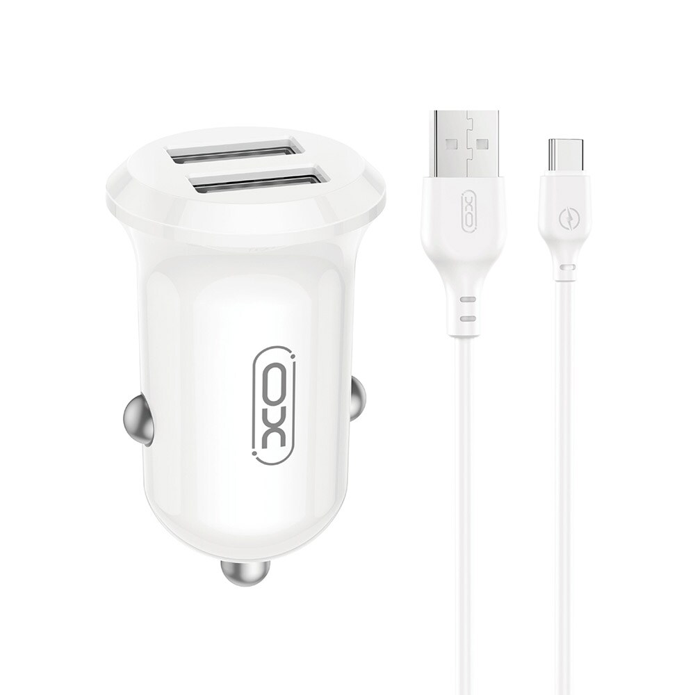 XO Biloplader med 2xUSB 12 W - inkl. USB til USB-C-kabel