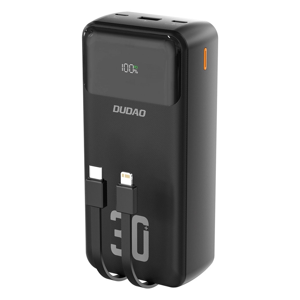 Powerbank 30000mAh med hurtig opladning og indbyggede kabler – sort