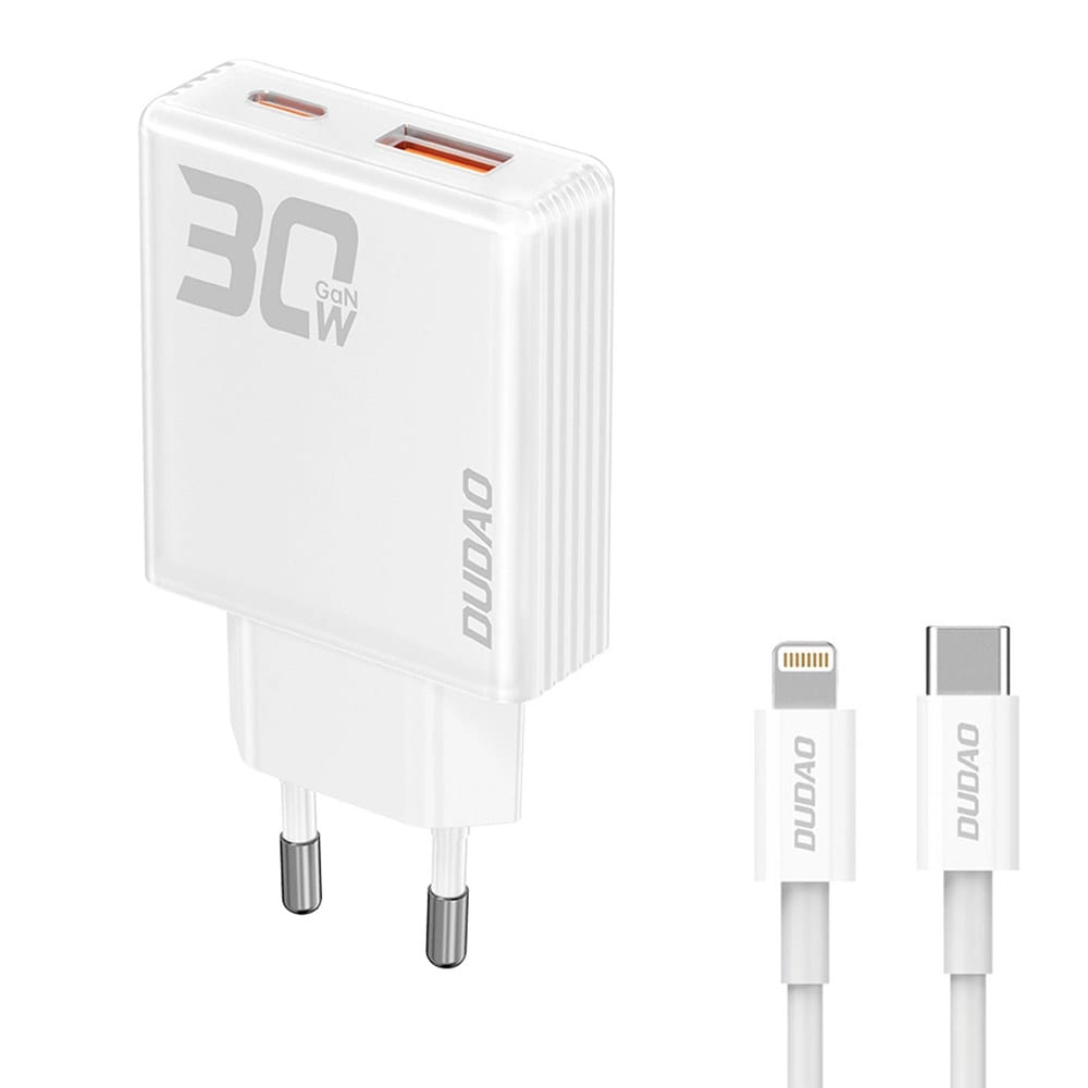 30W GaN-hurtigoplader med USB-A/USB-C og Lightning-kabel – Dudao A30EUL
