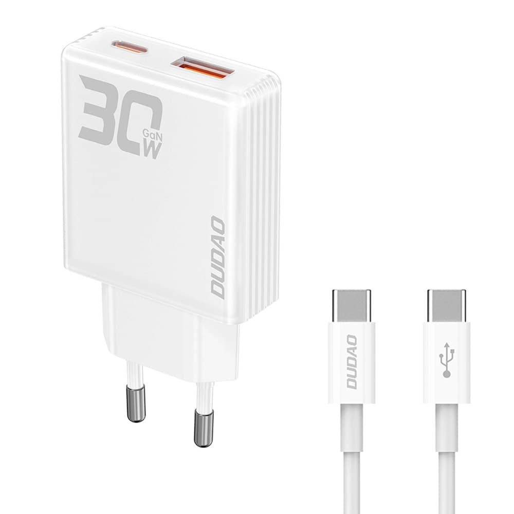 USB-C GaN-vægoplader 30W med USB-A, USB-C og USB-C-kabel – hvid