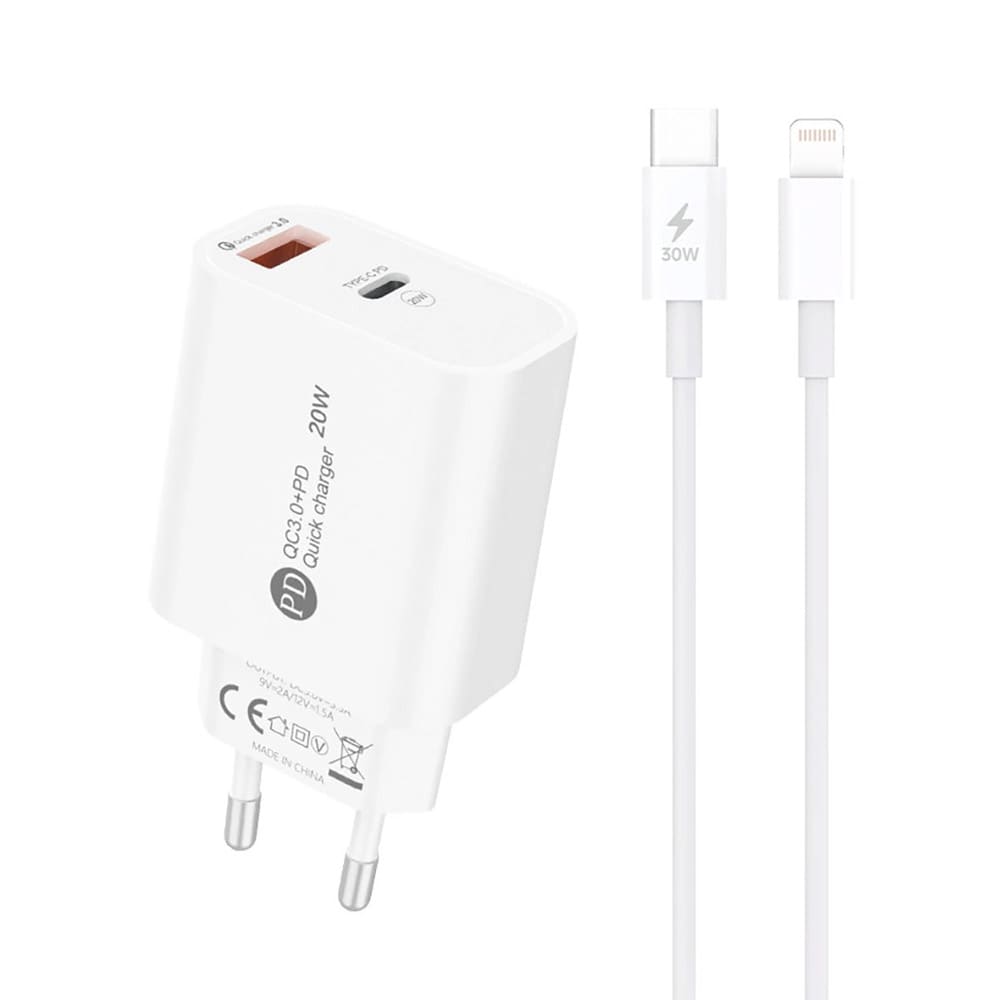 Hurtigoplader 20W med USB-C og USB-A + Lightning-kabel – hvid