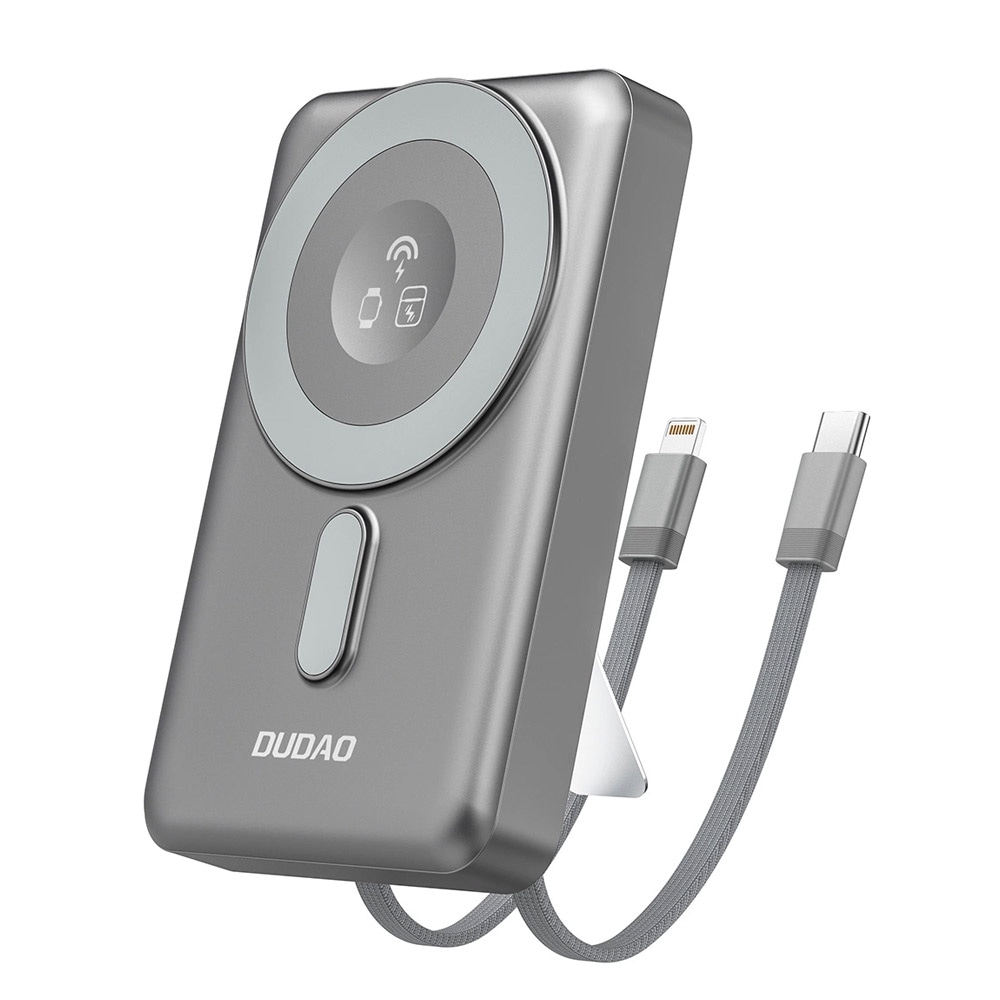 Dudao Powerbank 10000 mAh PD 20W med MagSafe, stander og indbyggede USB-kabler – Grå