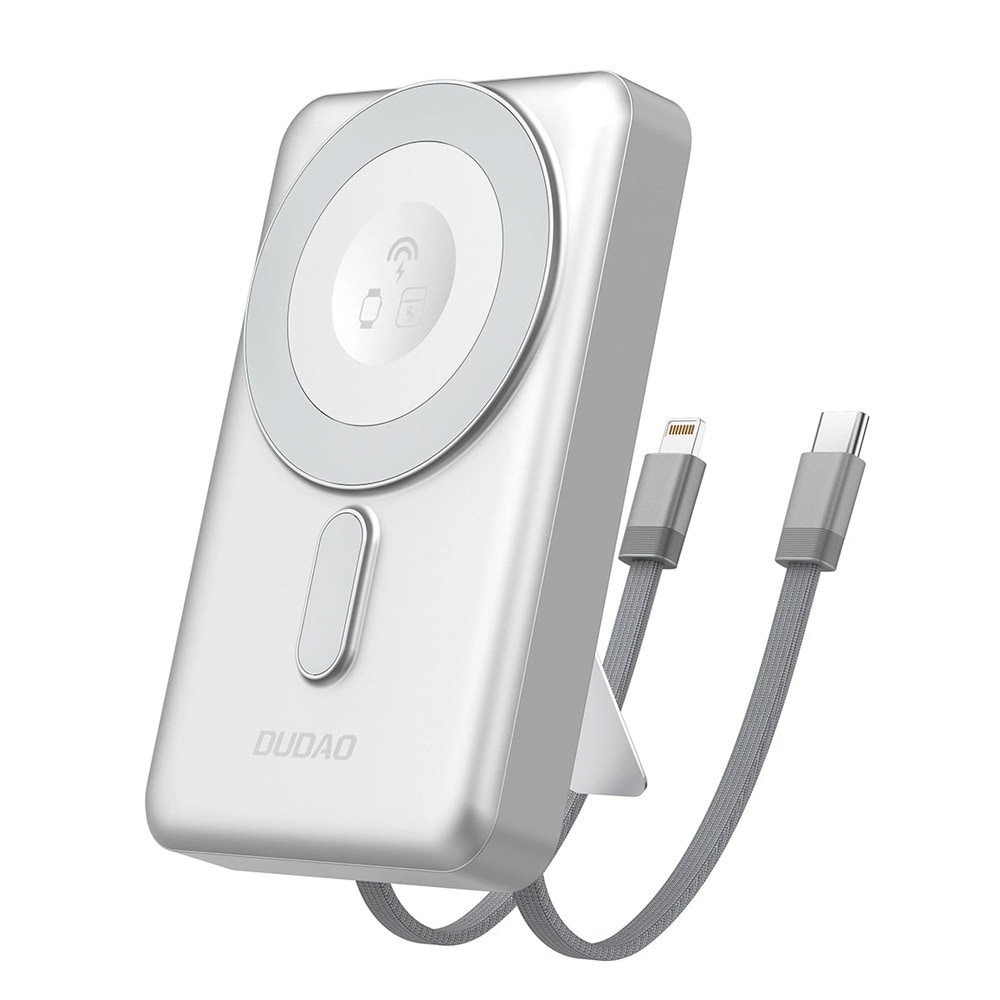 Dudao Powerbank 10000 mAh PD 20W med MagSafe, stander og indbyggede USB-kabler – Sølv