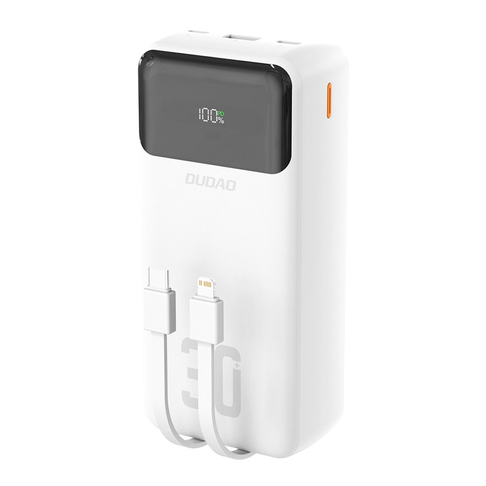 Dudao Powerbank 30.000 mAh med indbyggede USB-kabler PD 22,5 W – Hvid