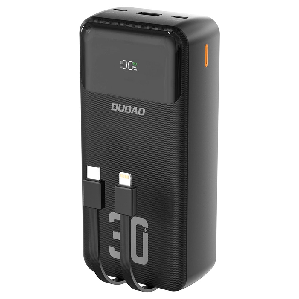 Dudao Powerbank 30.000 mAh med indbyggede USB-kabler PD 22,5 W – Sort