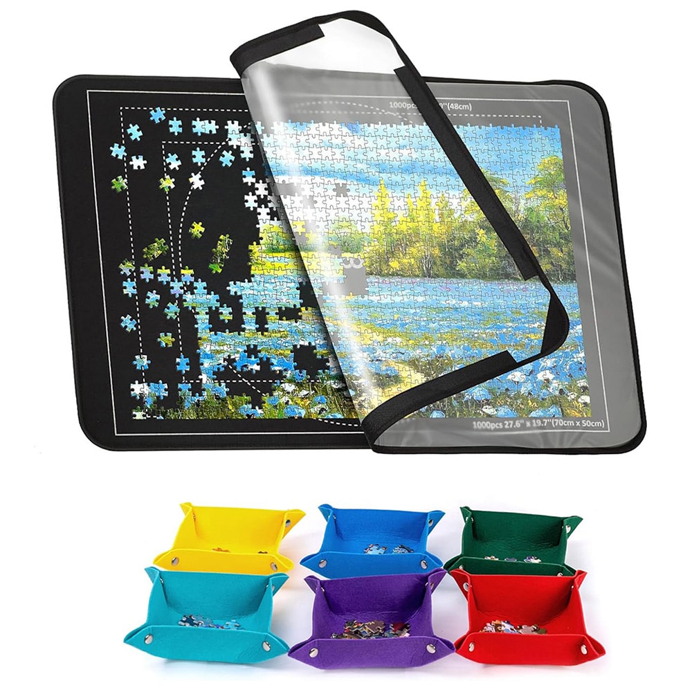 Puslespilsmåtte i filt med låg og 6 sorteringsrum - til 1000 brikker