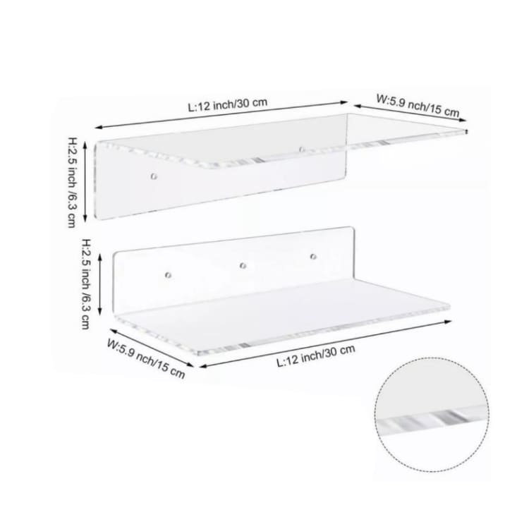 Væghylder i klar plast 30x15x6,3cm 2-pak