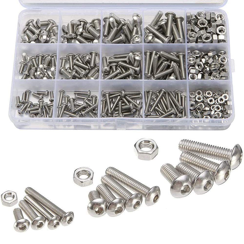 Kasse med indvendige sekskantskruer, møtrikker og skiver 500 stk. i rustfrit stål