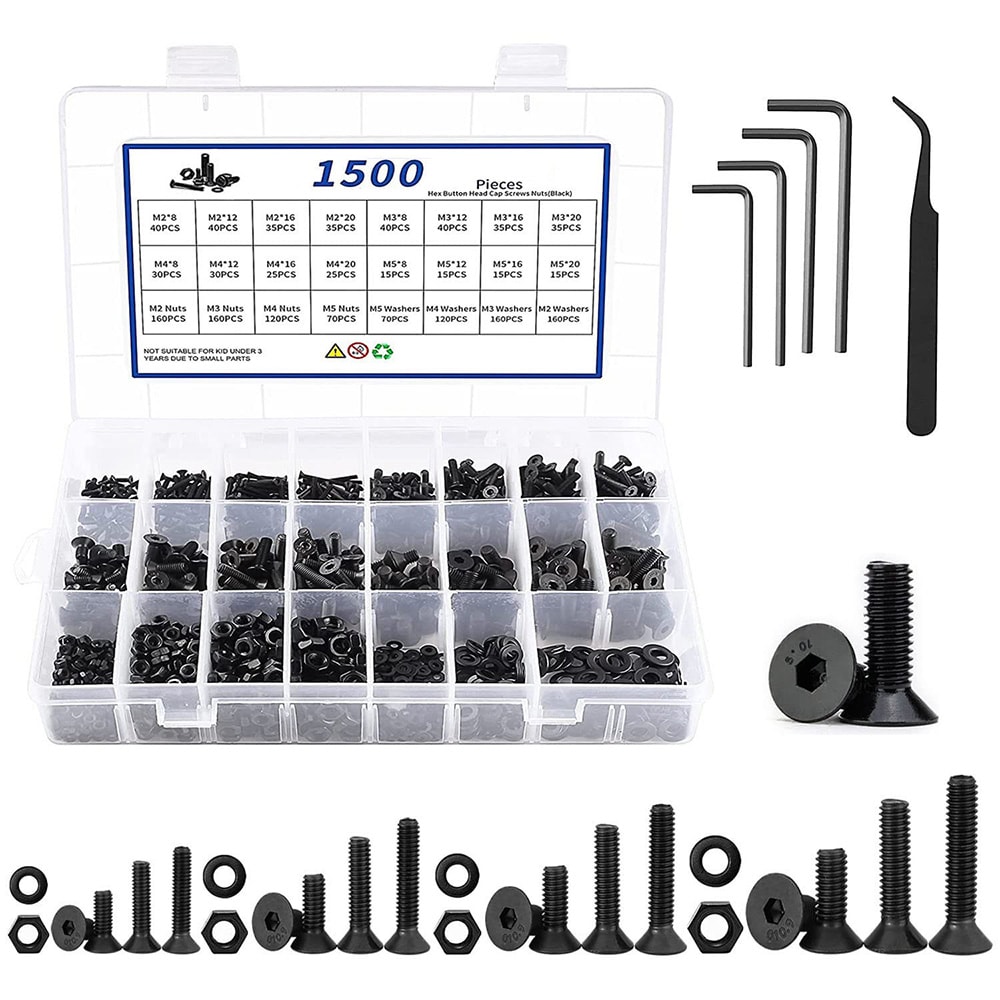 Kasse med sekskantskruer, møtrikker og skiver 1500 stk. i legeret stål