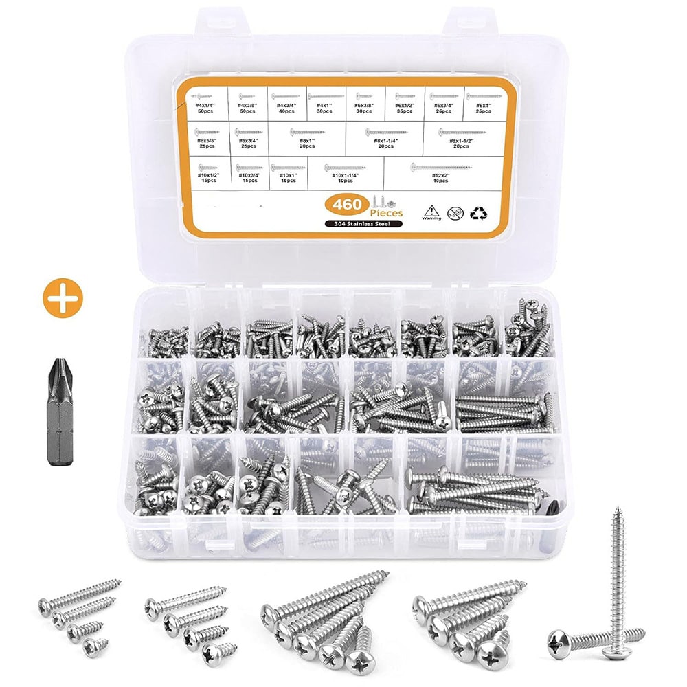 Kasse med træskruer 460 stk. i rustfrit stål