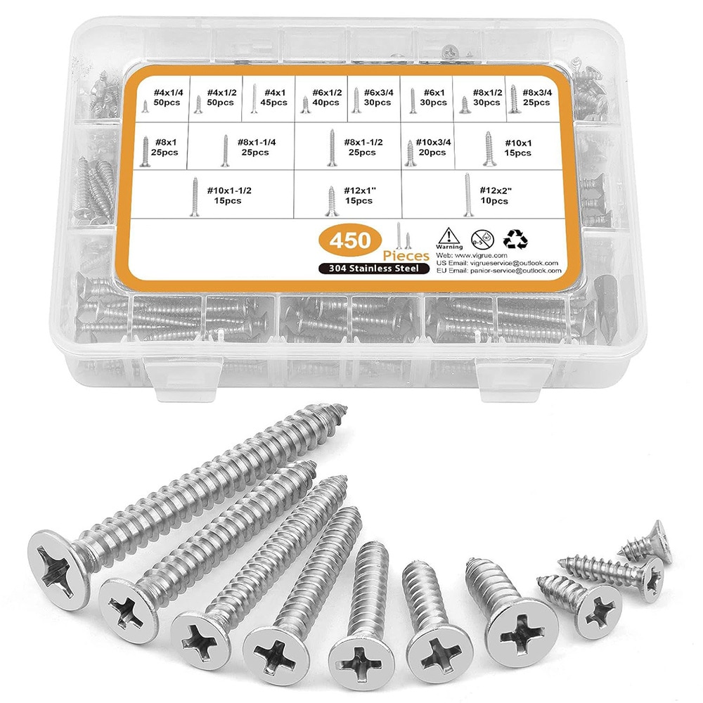 Kasse med træskruer 450 stk. i rustfrit stål