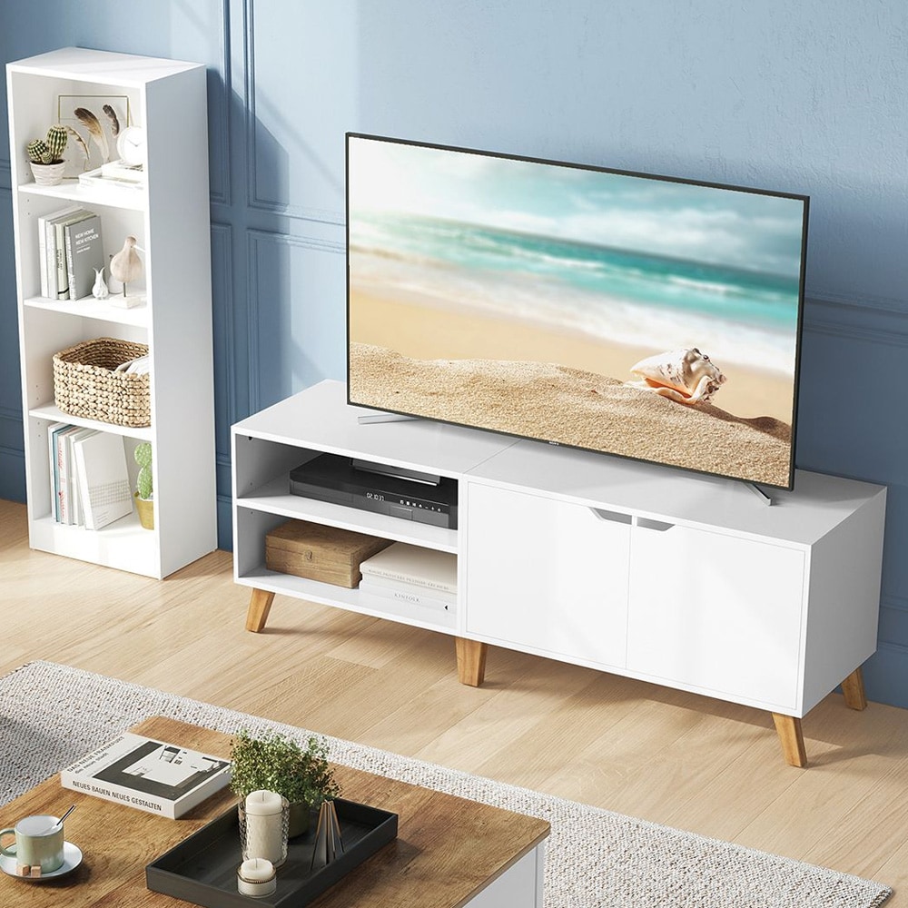 TV-bænk 140 cm med opbevaring – passer til TV op til 65 tommer, hvid