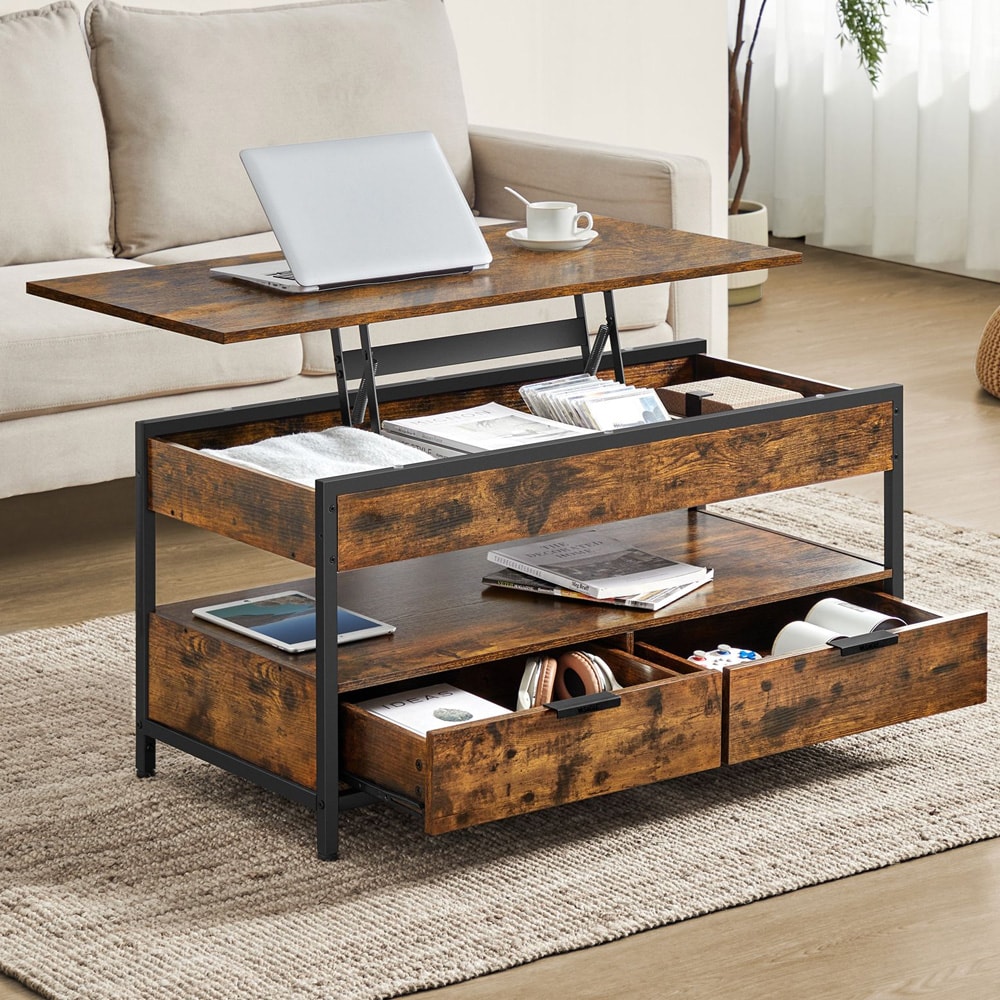 Sofabord med løfteplade og 2 skuffer – Rustic Brown/Sort