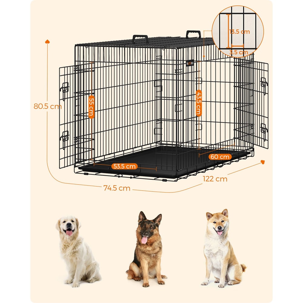 Foldbart hundebur med dobbeltdøre 122 × 74,5 × 80,5 cm – Sort