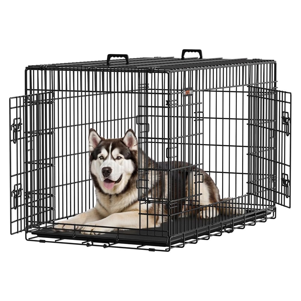 Foldbart hundebur med dobbeltdøre 122 × 74,5 × 80,5 cm – Sort