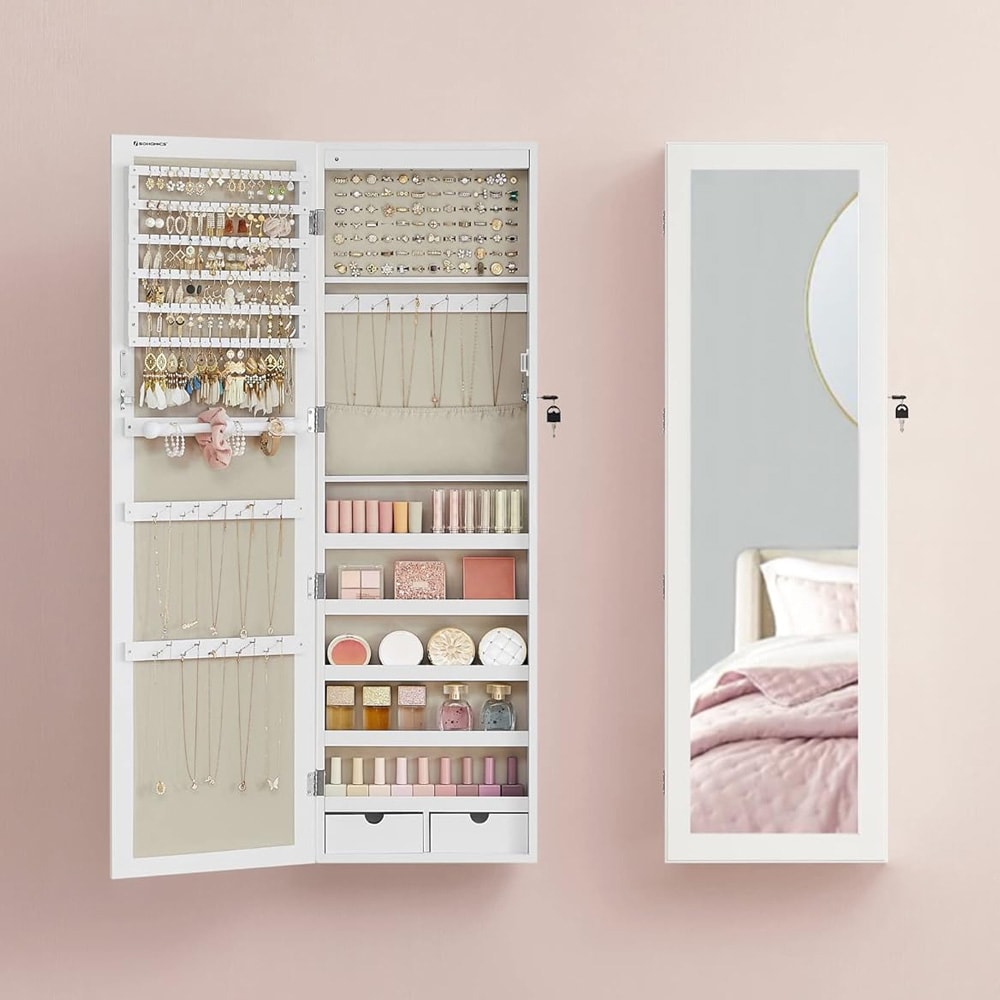 Væghængt spejlskab med LED-belysning til makeup og smykker