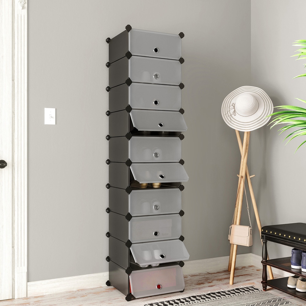 Skoskab med 10 rum - modulær skohylde i svart plast