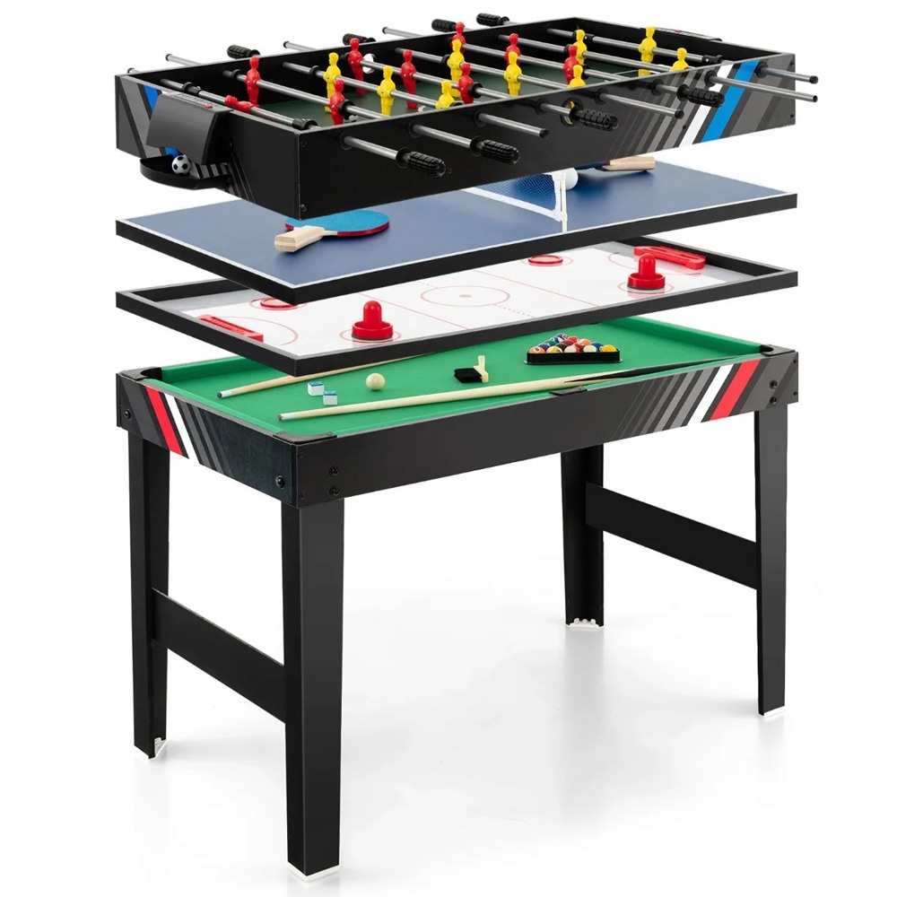 4-i-1 spillebord med bordfodbold, billard, airhockey og bordtennis