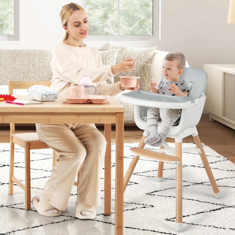 Justerbar højstol med bakke - hvid/træ