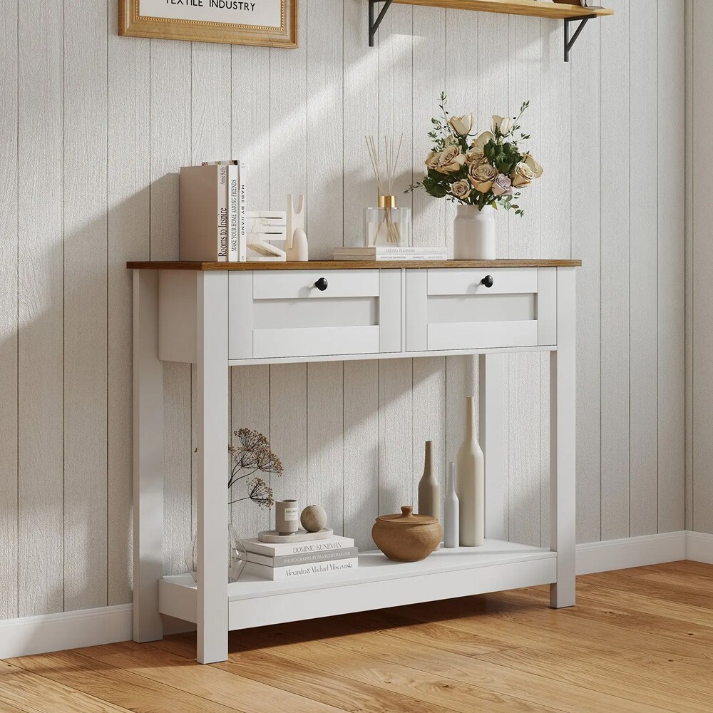 Konsolbord med 2 skuffer og hylde 106 cm - Hvid/træ