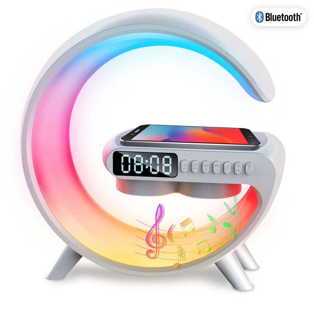 PartyFunLights vækkeur med højttaler og trådløs mobiloplader