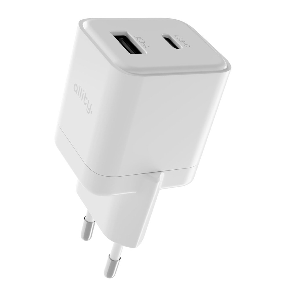 Allity GaN-oplader 20W PD QC med USB-C og USB-A