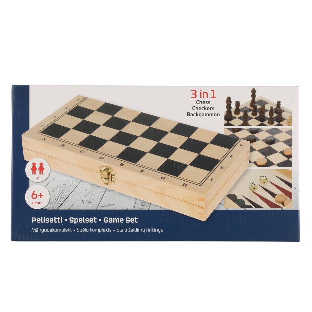 3-i-1 brætspil - skak, dam og backgammon i træ