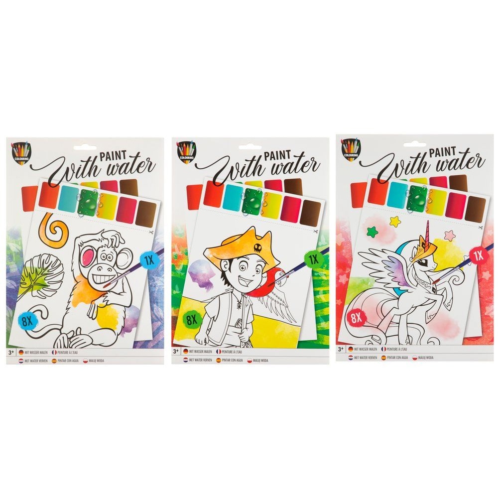 Vandfarvebilleder A4 med pensel – 8 motiver til børn fra 3 år