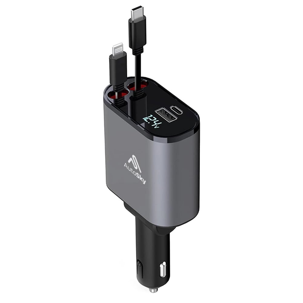 AutoSky 4-i-1 biloplader med udtrækkelige Lightning- og USB-C-kabler