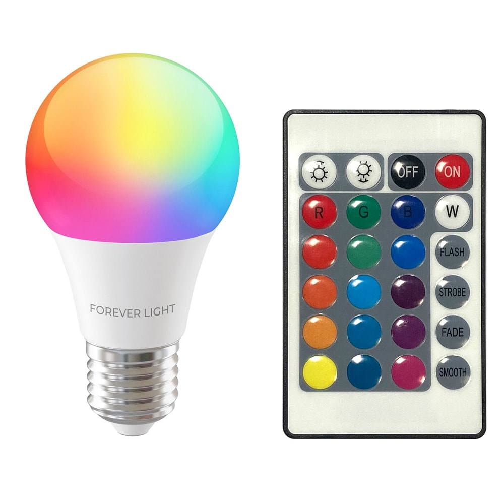 LED-pære RGB E27 A60 8W 850lm 4000K med fjernbetjening