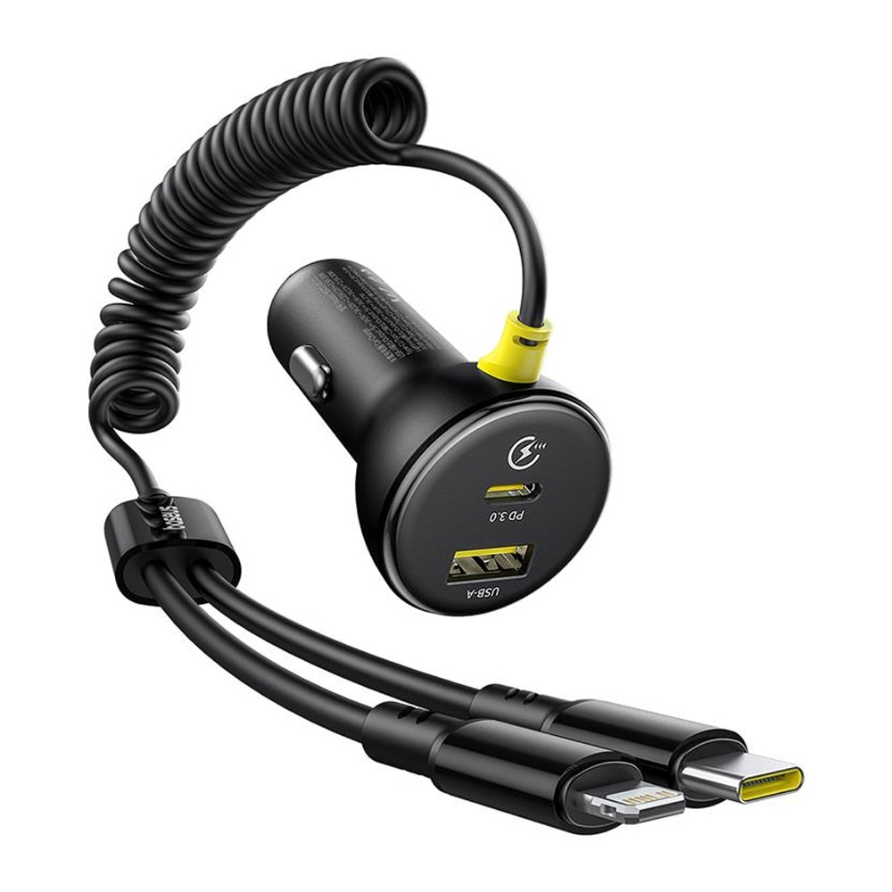 Baseus Biloplader med USB-C og USB + belysning og USB-C-kabel PD 60W - Svart