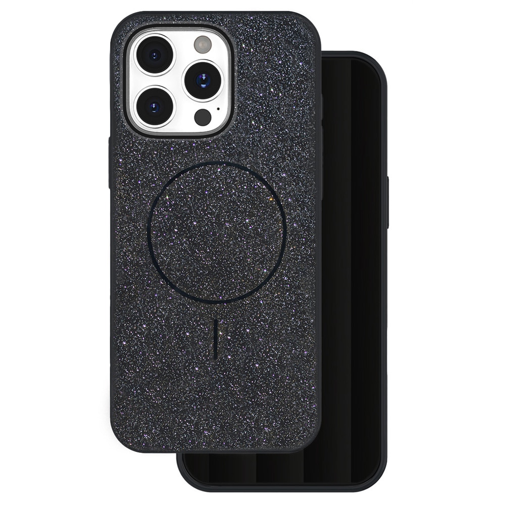 Glitrende etui til iPhone 14 Pro med MagSafe og metalknapper - Svart