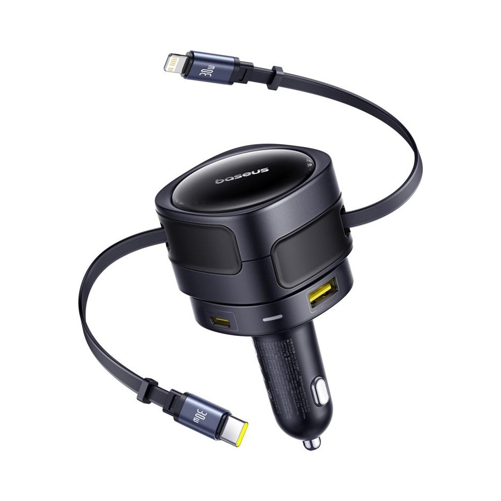 Baseus Biloplader med 1xUSB-C, 1xUSB PD 90W + indbygget USB-C og belysningskabel - Svart