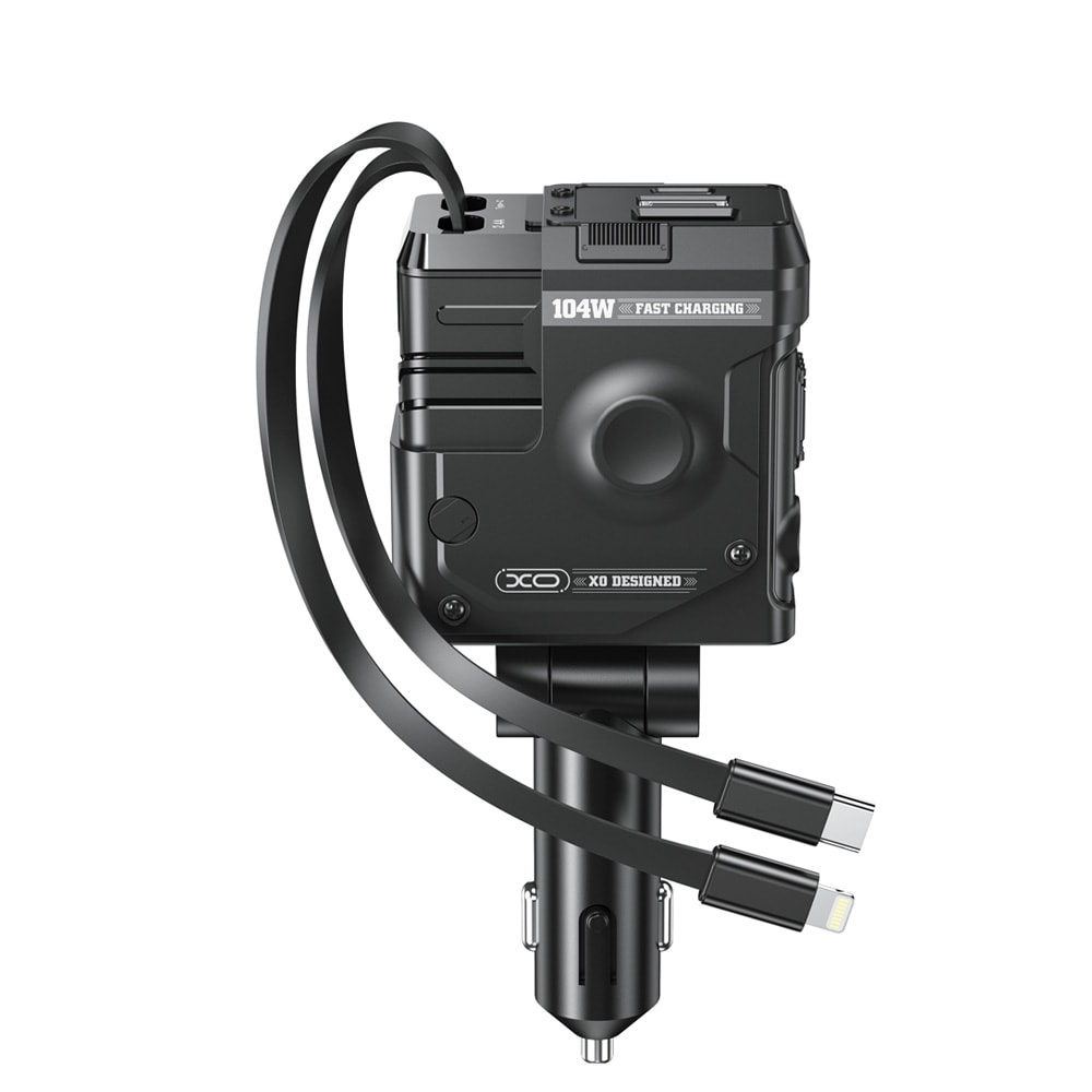 XO Biloplader med 1xUSB, 1xUSB-C 104W med indbygget USB-C- og Lightning-kabel
