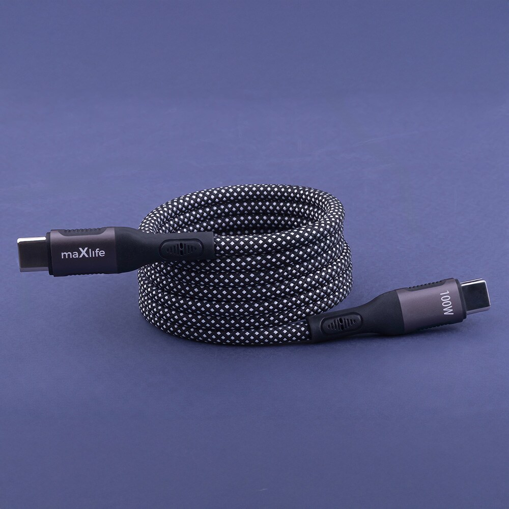 Maxlife magnetisk USB-C-kabel 100 W 1 m – Sort nylon