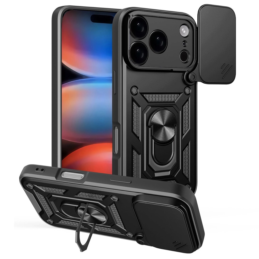 Beskyttelsescover med kameradæksel og mobilring til iPhone 17 Pro Max – Sort