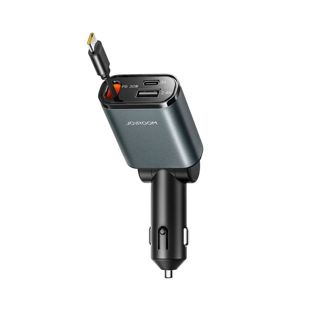 Joyroom 3-i-1-biloplader med 3A USB-C, 2,4A USB og udtrækkeligt USB-C-kabel