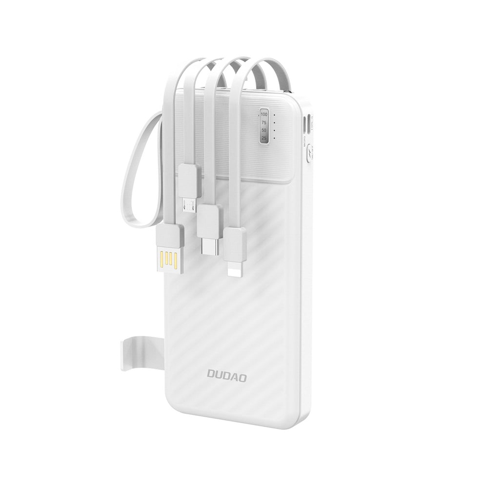 Dudao K11 10000mAh Powerbank med indbyggede USB-kabler - Hvid