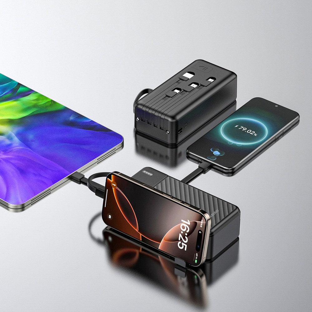 Dudao K11 Max 30000mAh Powerbank med indbyggede USB-kabler - Sort
