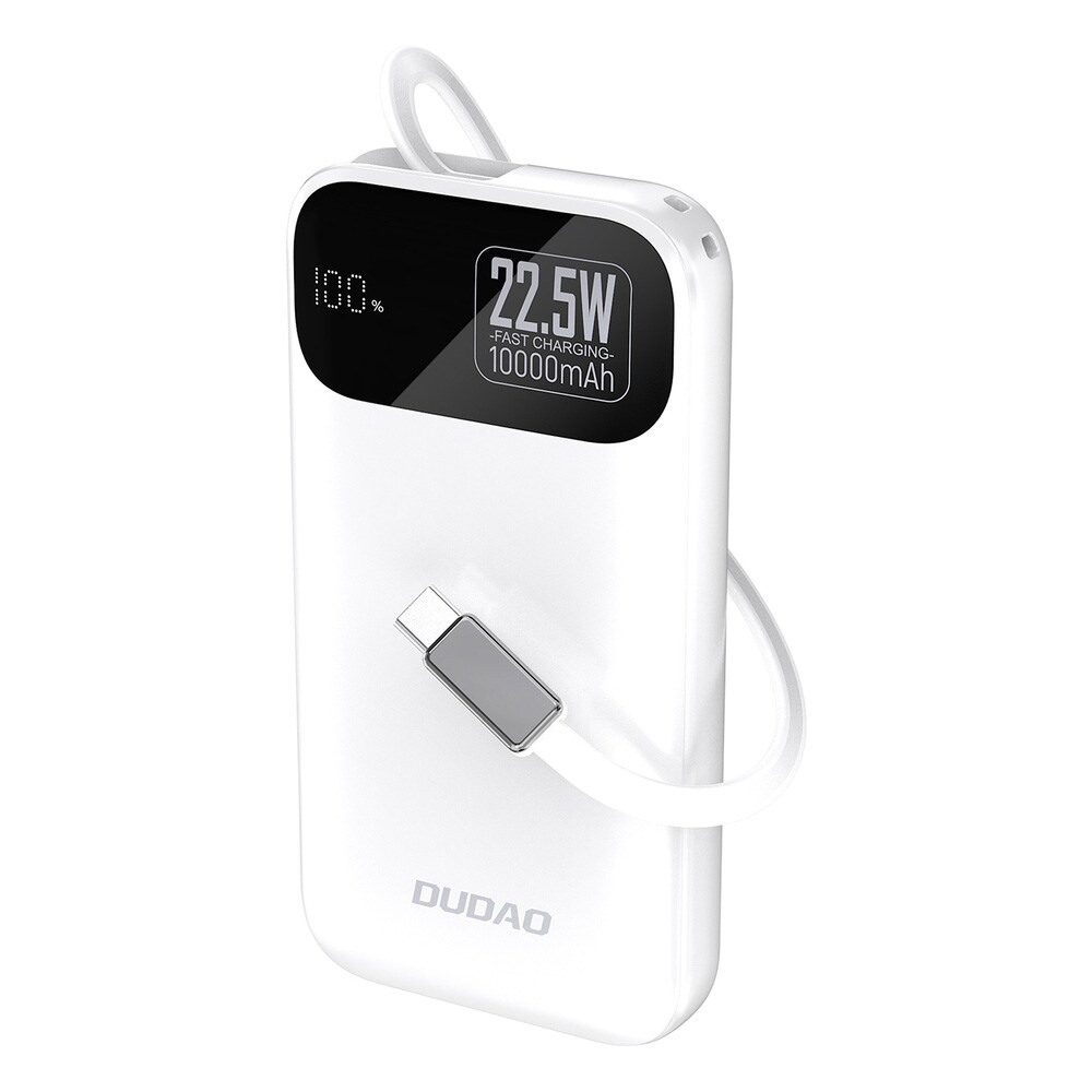 Dudao K31 10000 mAh 22,5W PD Powerbank med indbygget USB-C-kabel - Hvid