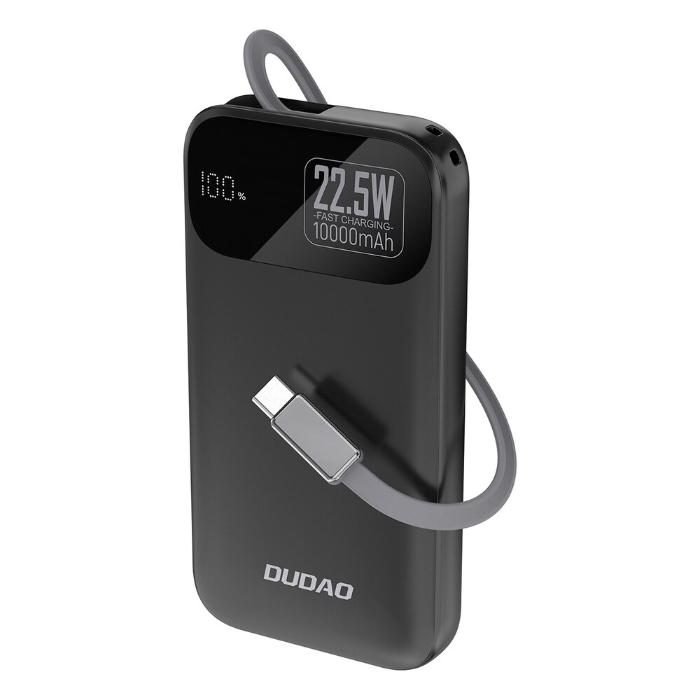 Dudao K31 10000 mAh 22,5W PD Powerbank med indbygget USB-C-kabel - Svart