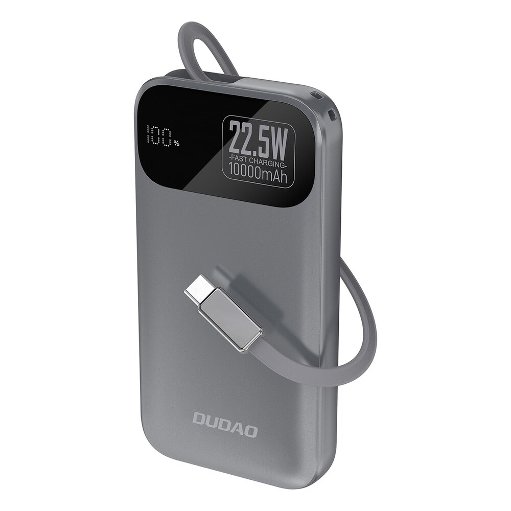 Dudao K31 10000 mAh 22,5W PD Powerbank med indbygget USB-C-kabel - Grå