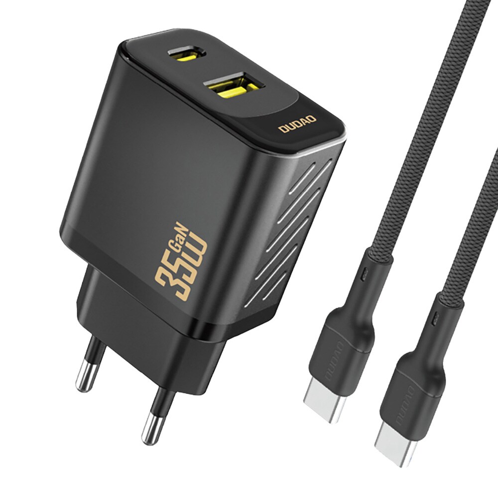 Dudao 35W GaN vægoplader med USB-C-, USB-A- og USB-C-kabel - Sort