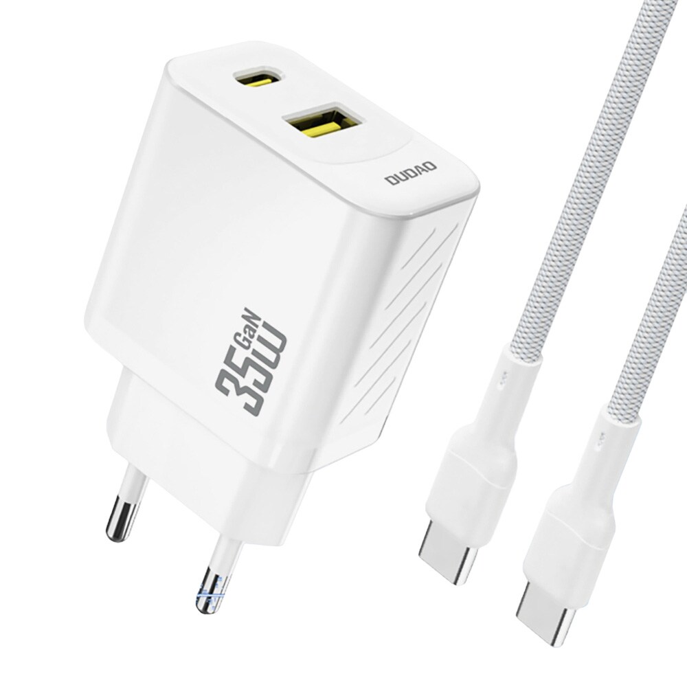 Dudao 35W GaN vægoplader med USB-C-, USB-A- og USB-C-kabel - Hvid