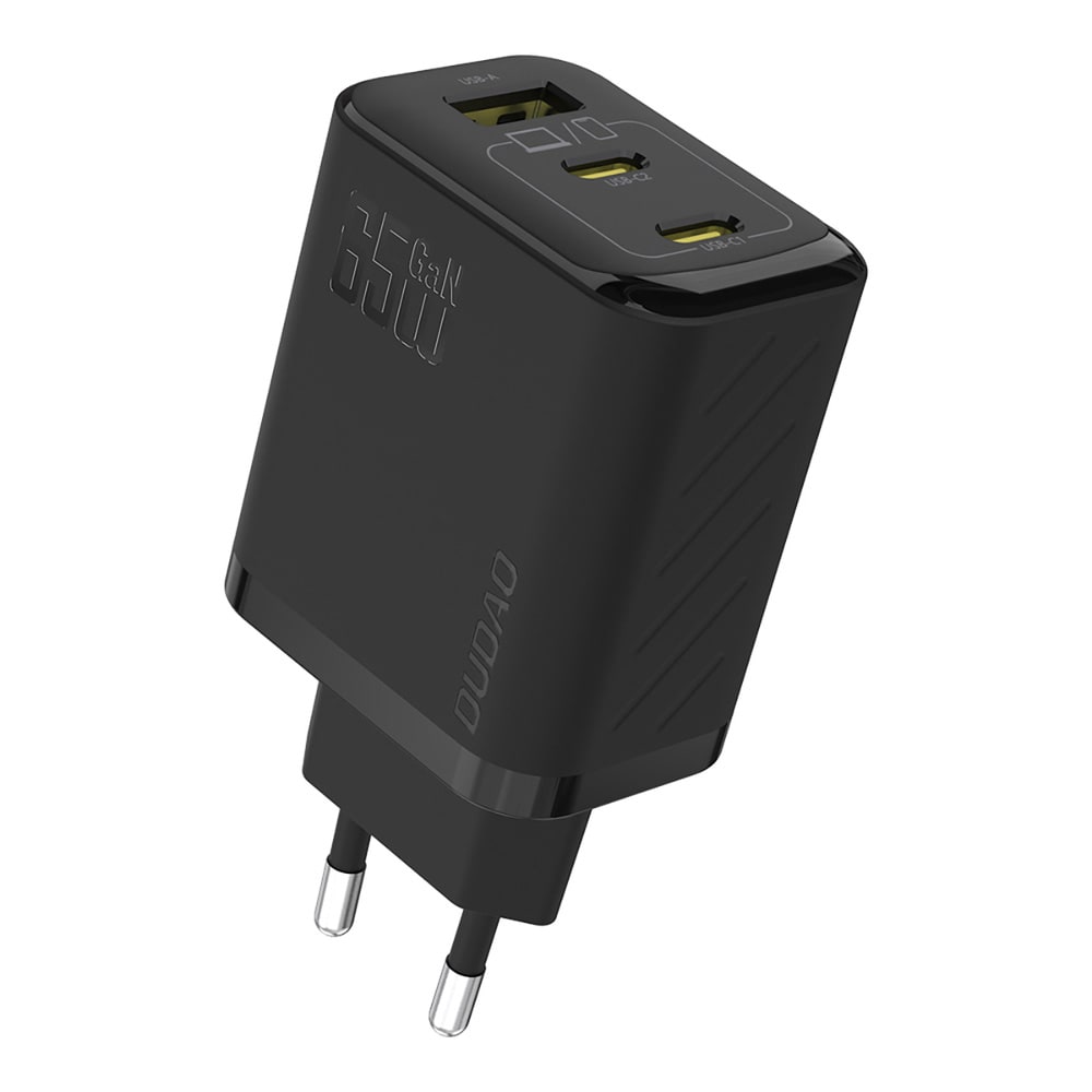 Dudao 65W GaN vægoplader med USB-C-, USB-A- og USB-C-kabel - Sort