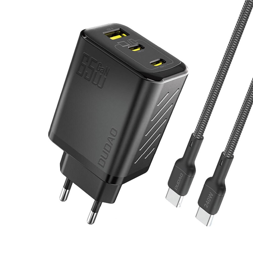 Dudao 65W GaN vægoplader med USB-C-, USB-A- og USB-C-kabel - Sort