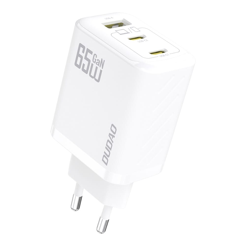 Dudao 65W GaN vægoplader med USB-C-, USB-A- og USB-C-kabel - Hvid